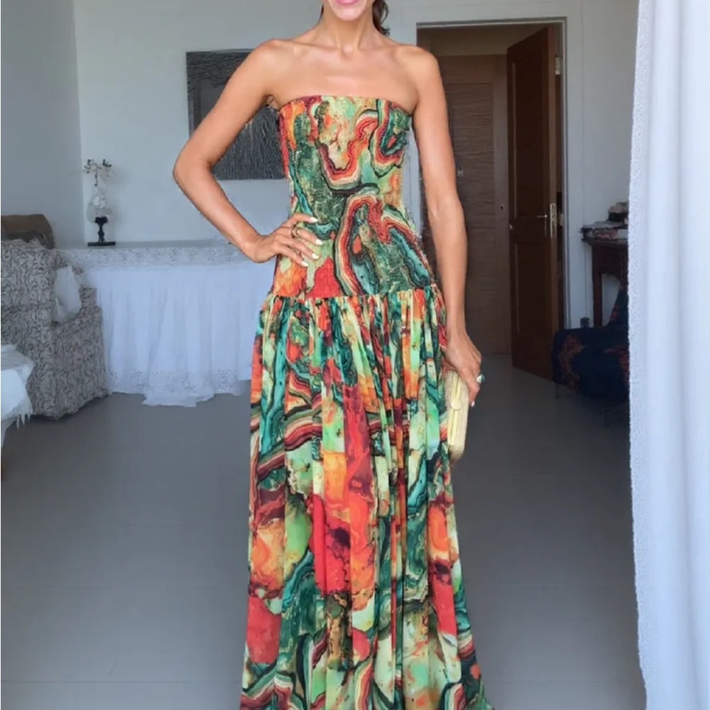 Elegant Multicolor Strapless Dress Holiday Party Resort Wear Beach Vibe